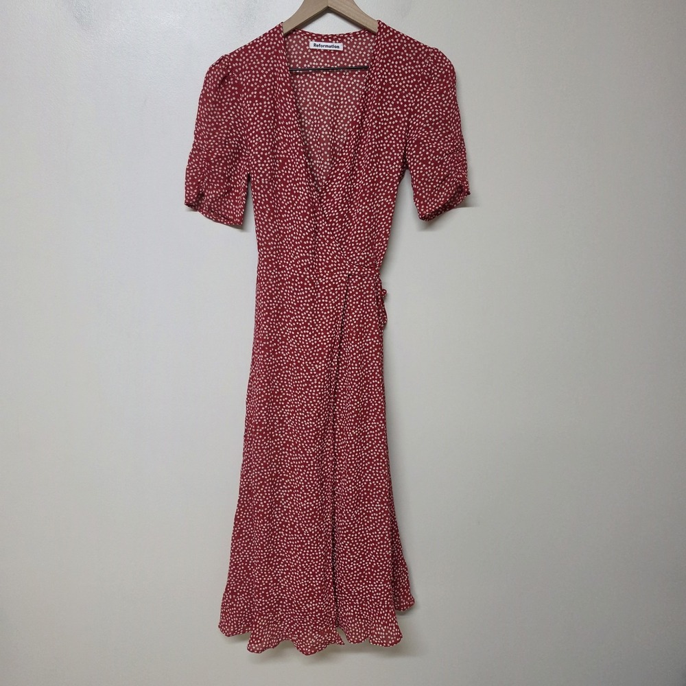 Reformation Womens XS Red Floral Wrap Midi Dress V Neck Ruched Sleeve Viscose